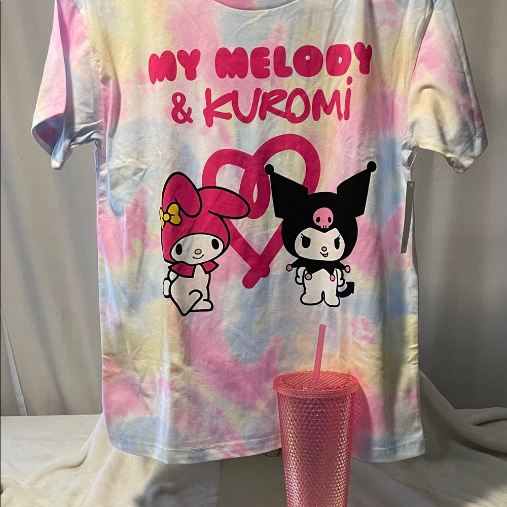 NEW Sanrio My Melody & Kuromi Tie-Dye Kids Tee w/free pink, diamond pattern cup